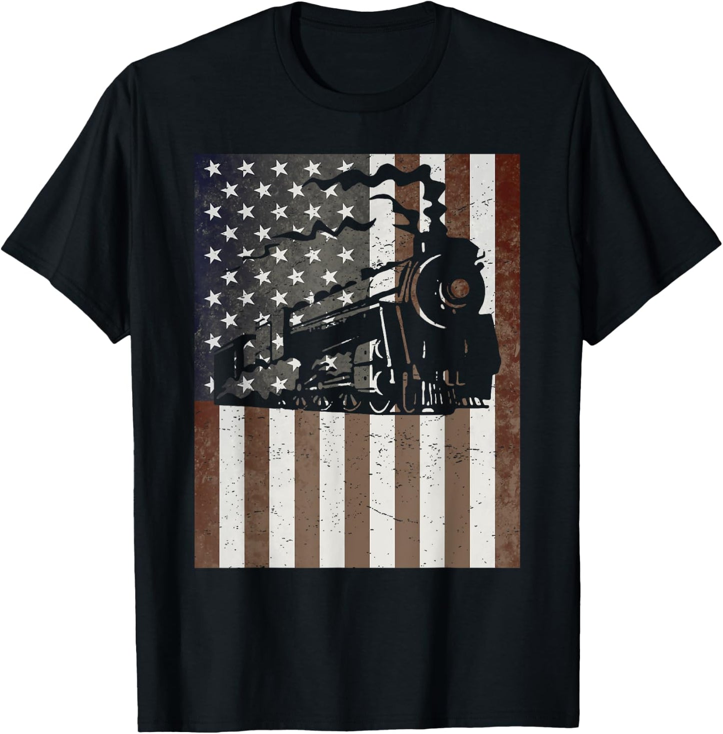 Train Locomotive Engine American Flag Model Builder Vintage T-Shirt - T-Shirt | Black