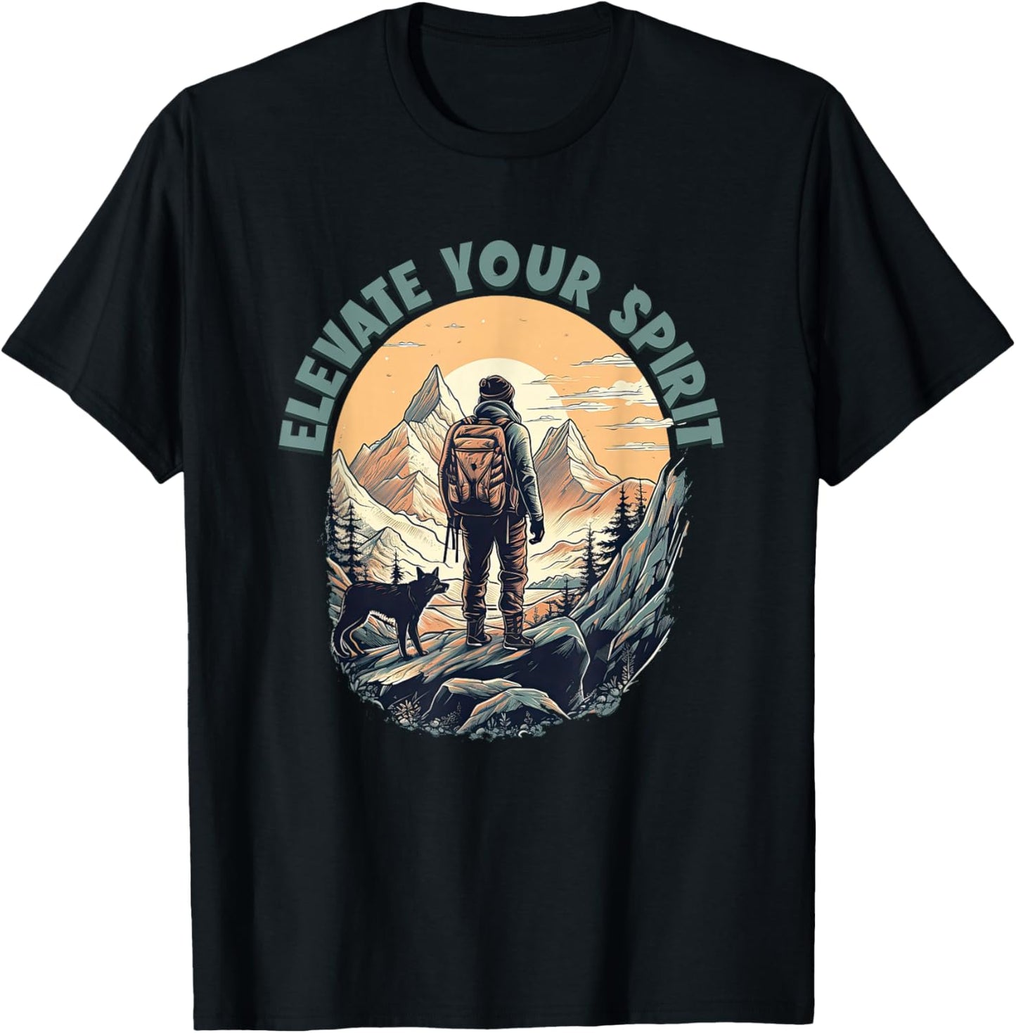 Hiking with dog Mountaineer Elevate Your Spirit Hiker T-Shirt - T-Shirt | Black