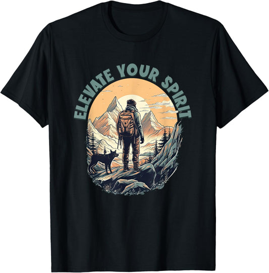 Hiking with dog Mountaineer Elevate Your Spirit Hiker T-Shirt - T-Shirt | Black