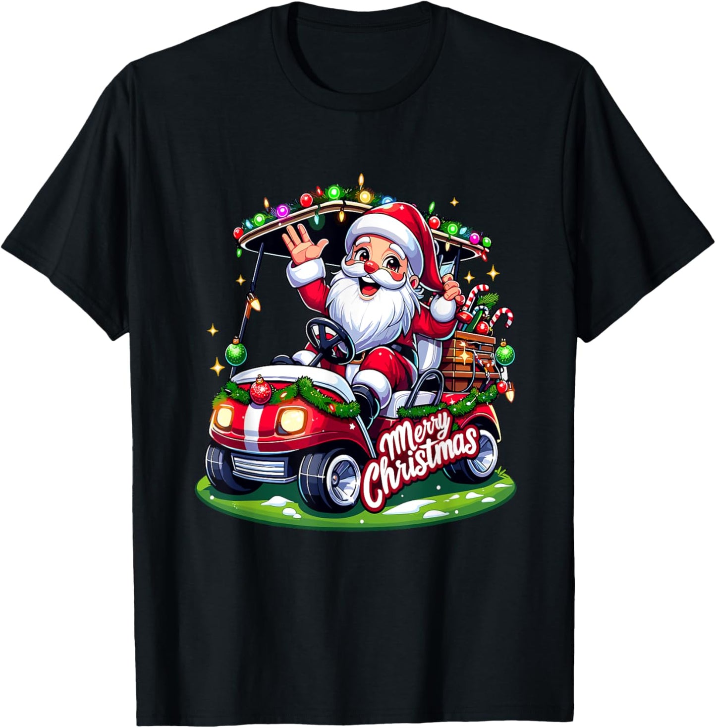 Santa Claus Golf Cart Merry Christmas Festive Xmas Holiday T-Shirt - T-Shirt | Black