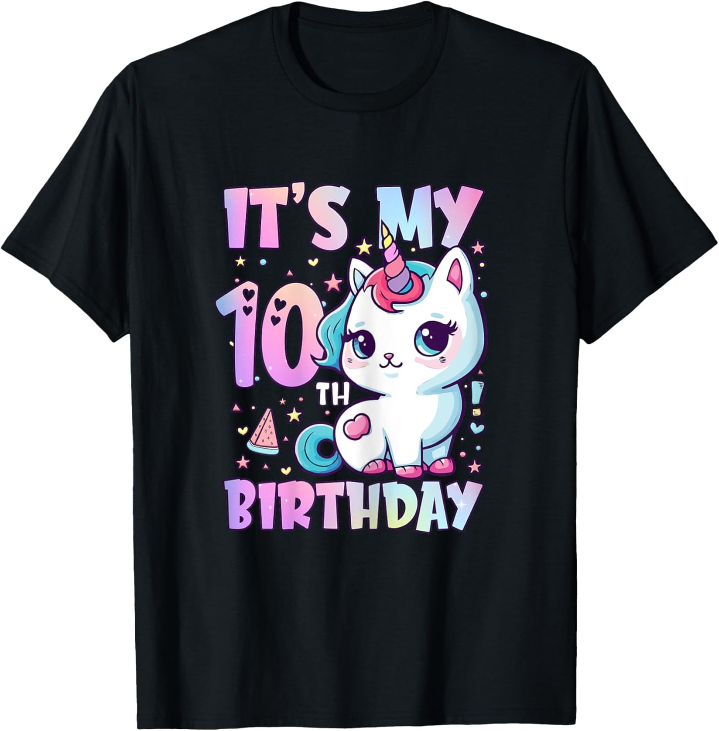 10th Birthday Shirt Girls 10 Year Old Cat Unicorn Birthday T-Shirt - T-Shirt | Black
