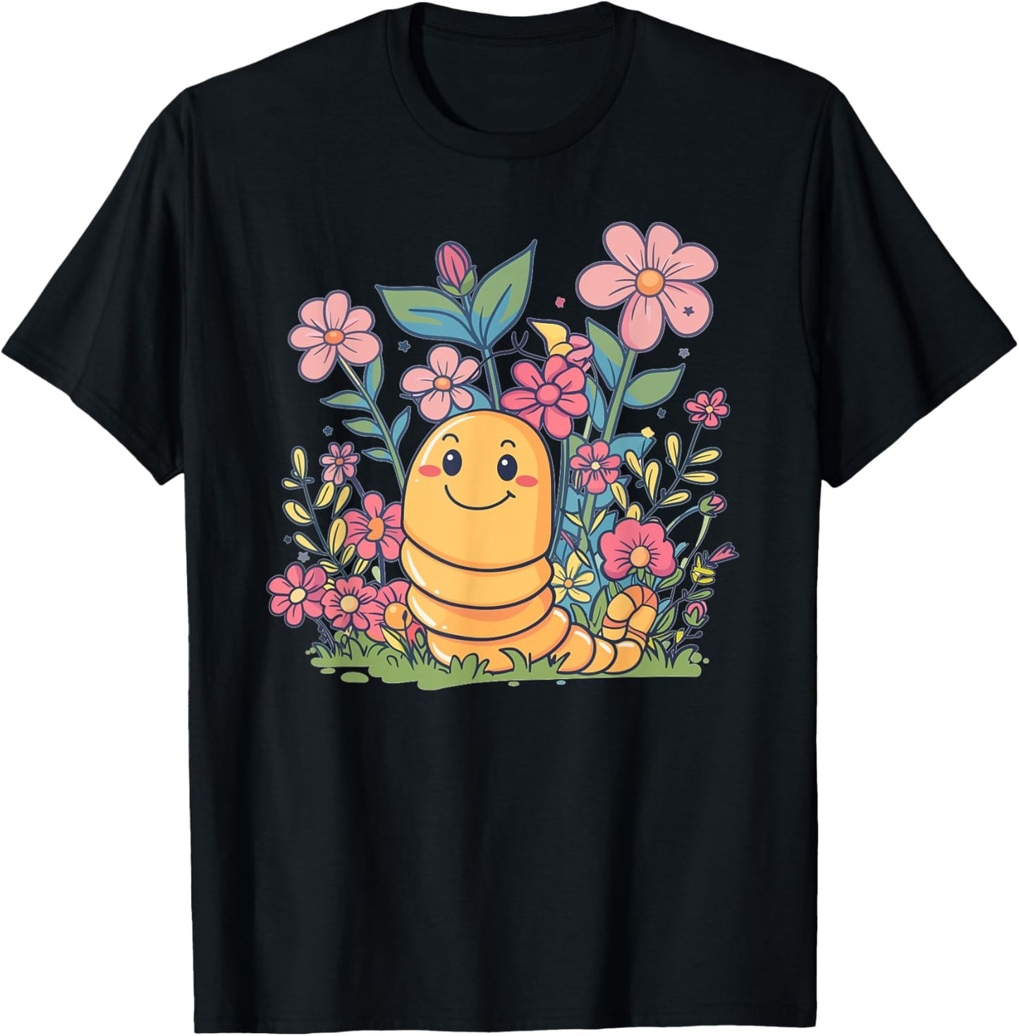 Cute Worm With Flowers I Kids Worm T-Shirt - T-Shirt | Black