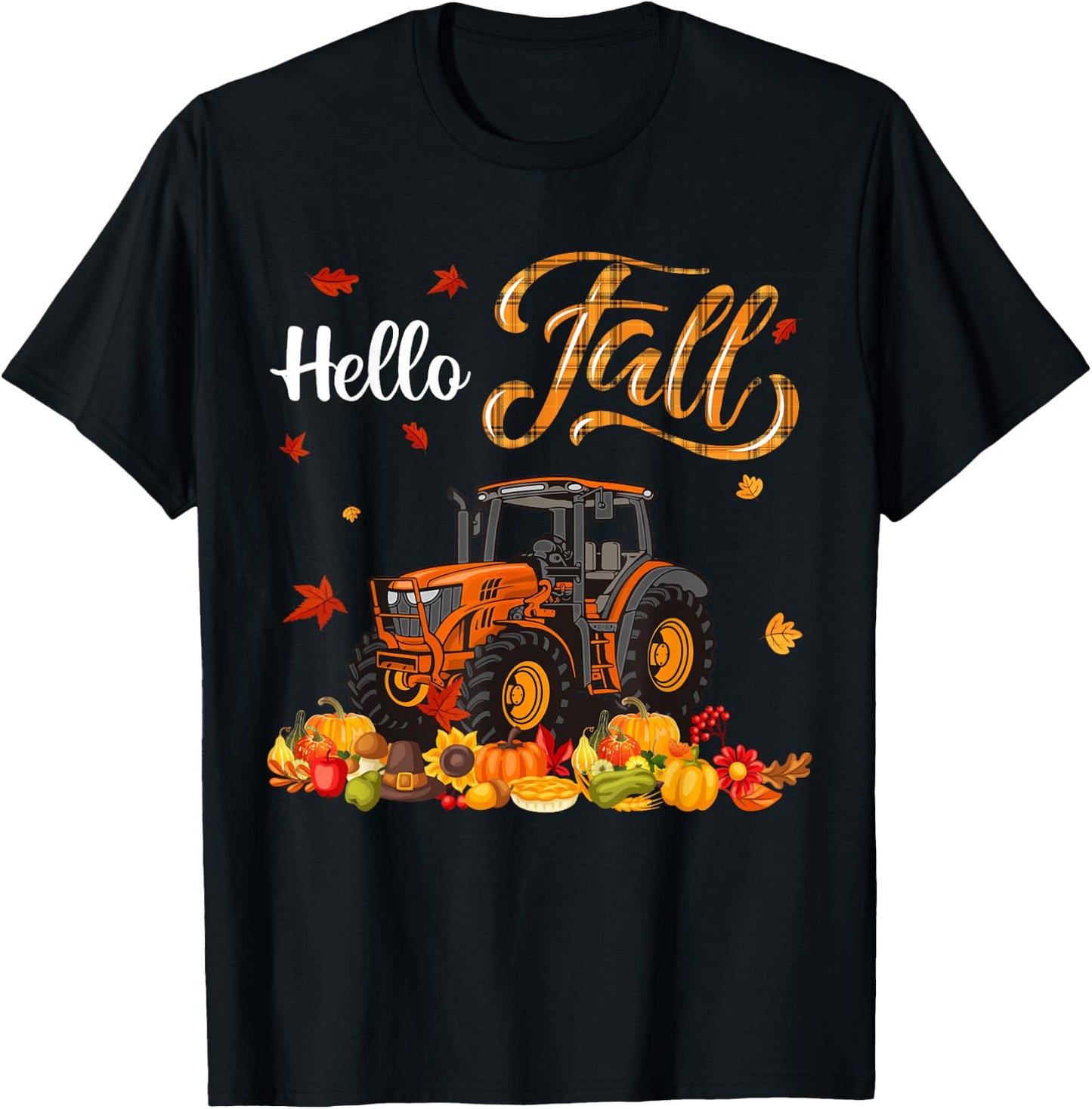 Thanksgiving Fall Orange Plaid Autumn Pumpkins Tractor Lover T-Shirt - T-Shirt | Black