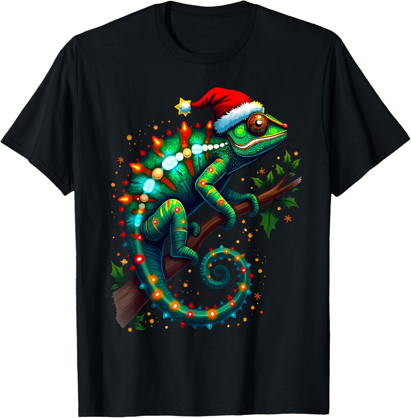 Chameleon Santa Hat Lights Christmas Cute Xmas Pajama T-Shirt - T-Shirt | Black