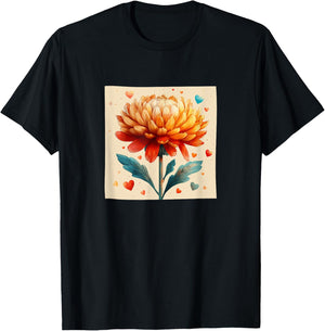 Chrysanthemum Flowers With Hearts Around Boho Graphic T-Shirt - T-Shirt | Black
