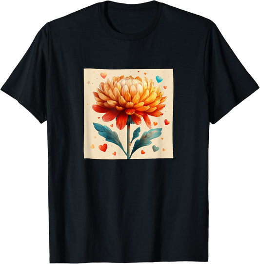 Chrysanthemum Flowers With Hearts Around Boho Graphic T-Shirt - T-Shirt | Black