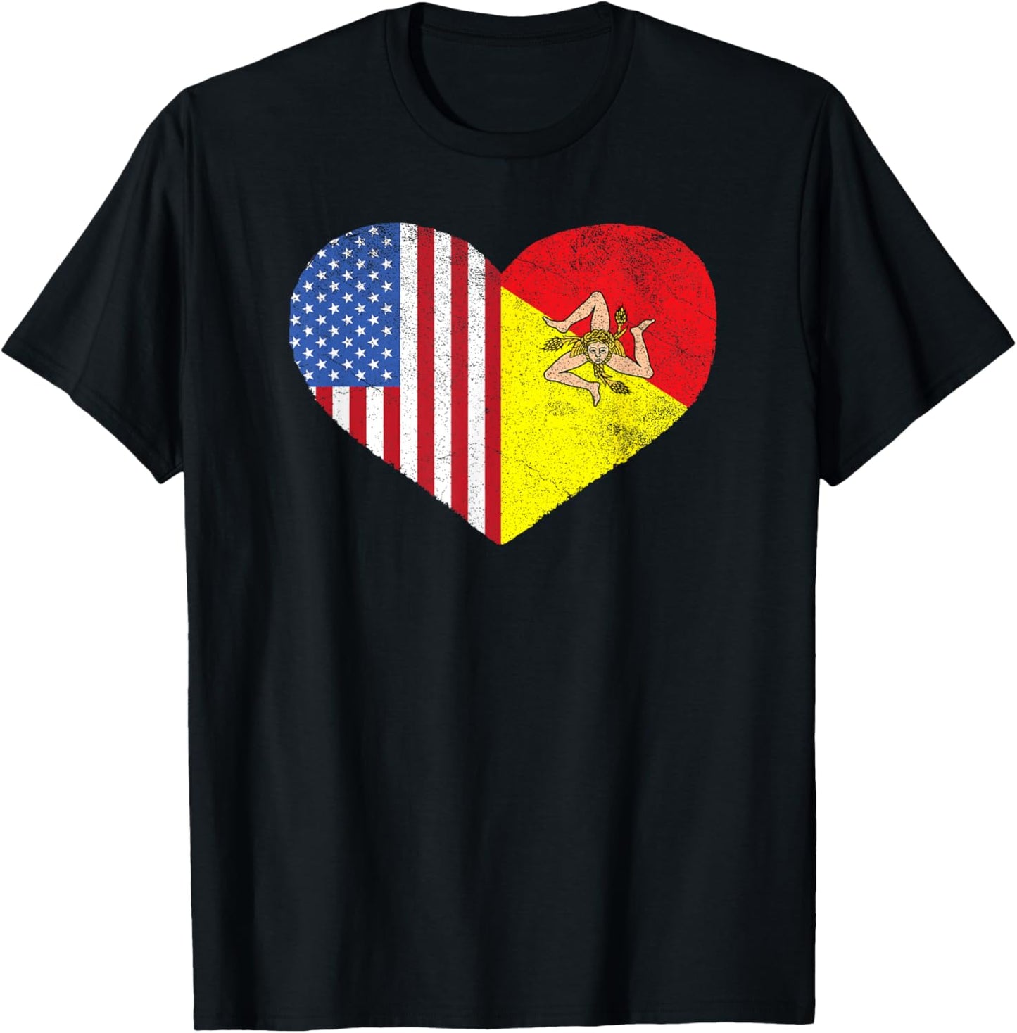 Sicilian American Flag Heart Sicily Sicilia Italy USA T-Shirt - T-Shirt | Black