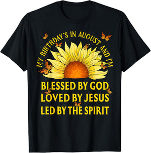 Blessed By God August Birthday Sunflower Christian T-Shirt - T-Shirt | Black
