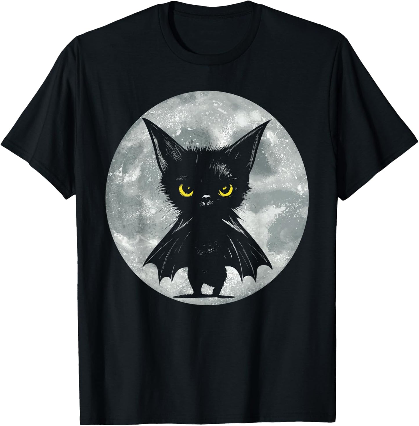 Halloween Cat and Moon: Grumpy Black Kitten In Bat Costume T-Shirt - T-Shirt | Black