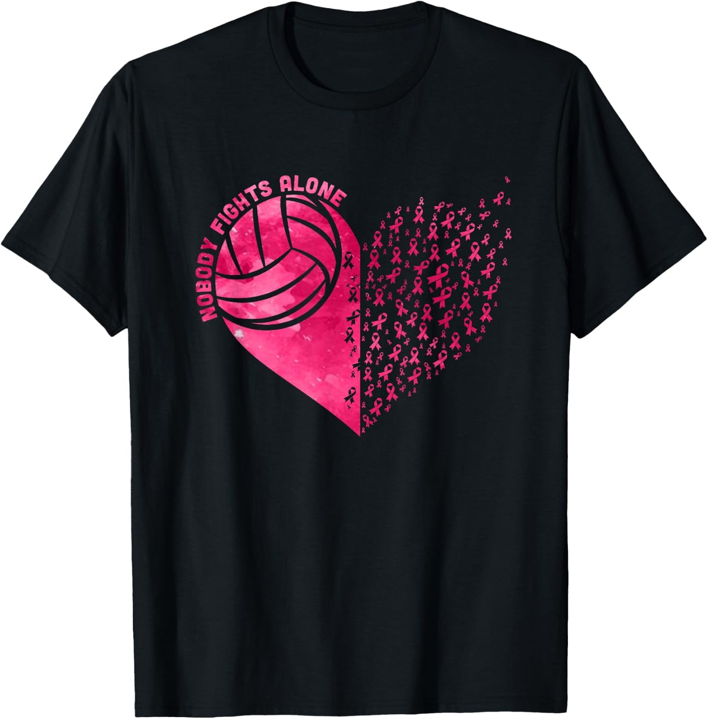 Nobody Fights Alone Pink Volleyball Breast Cancer Awareness T-Shirt - T-Shirt | Black