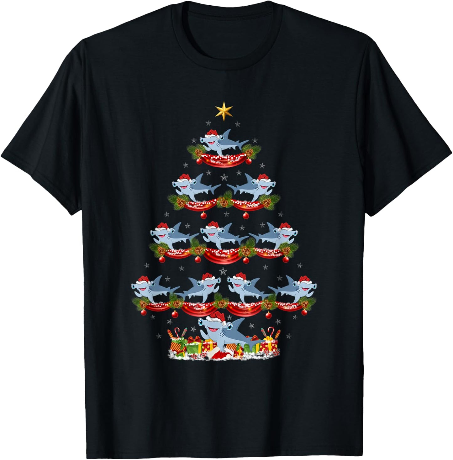 Xmas Holiday Santa Hammerhead Shark Christmas Tree T-Shirt - T-Shirt | Black