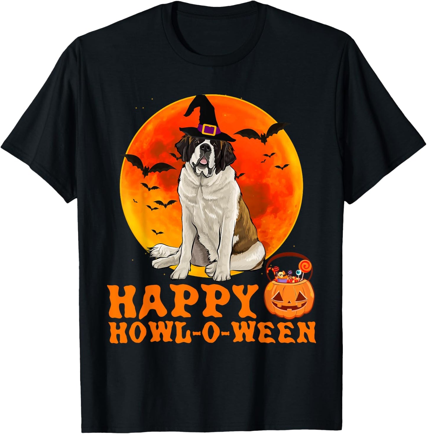 Funny St. Bernard Dog Halloween Happy Howl-o-ween T-Shirt - T-Shirt | Black
