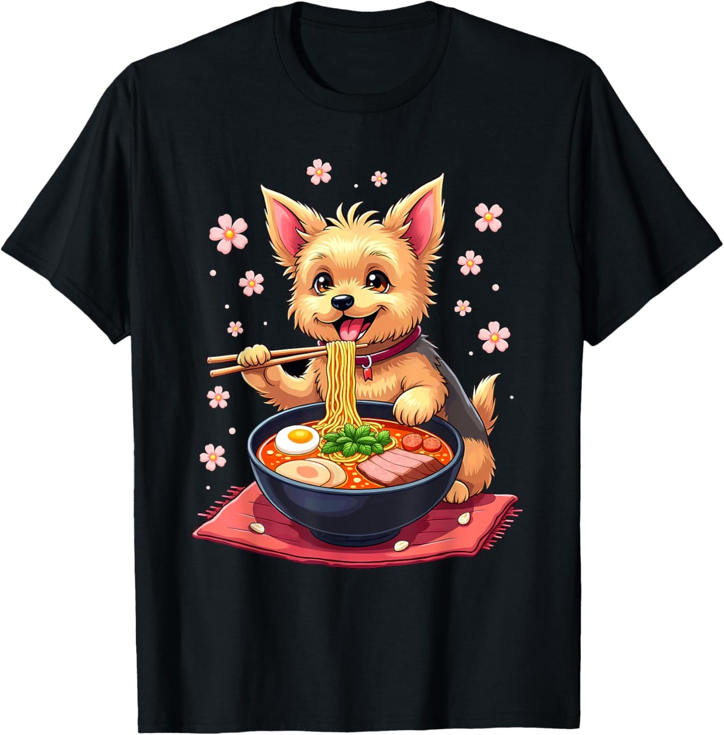 Japanese Kawaii Yorkie Dog Eating Ramen T-Shirt - T-Shirt | Black