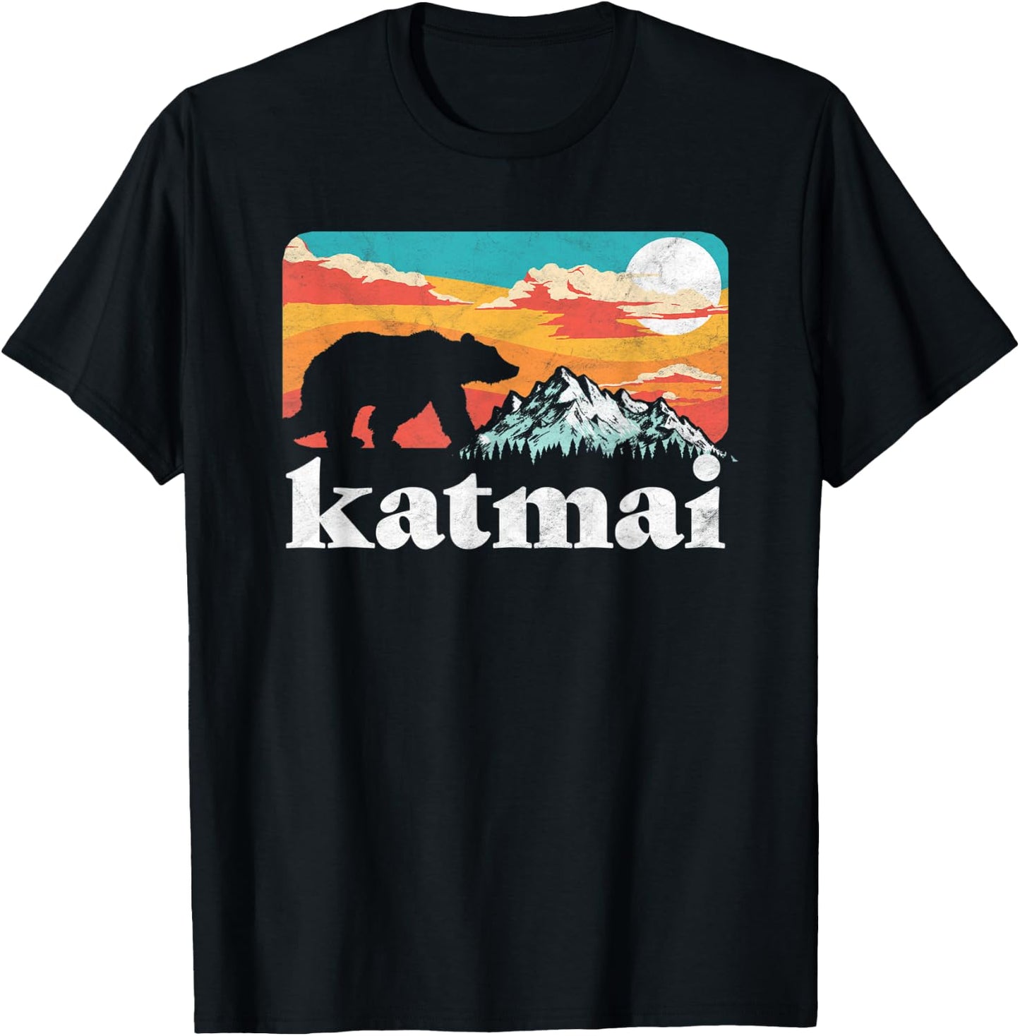 Katmai Alaska Retro Bear & Mountain Vintage 80s Graphic T-Shirt - T-Shirt | Black