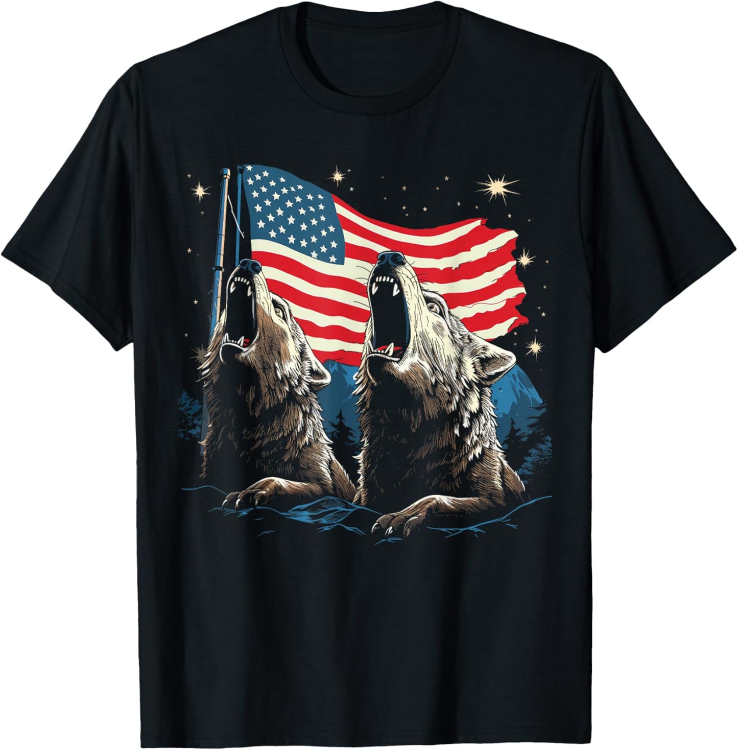 Wolves Moon Howling Wolf American Flag Wolves T-Shirt - T-Shirt | Black