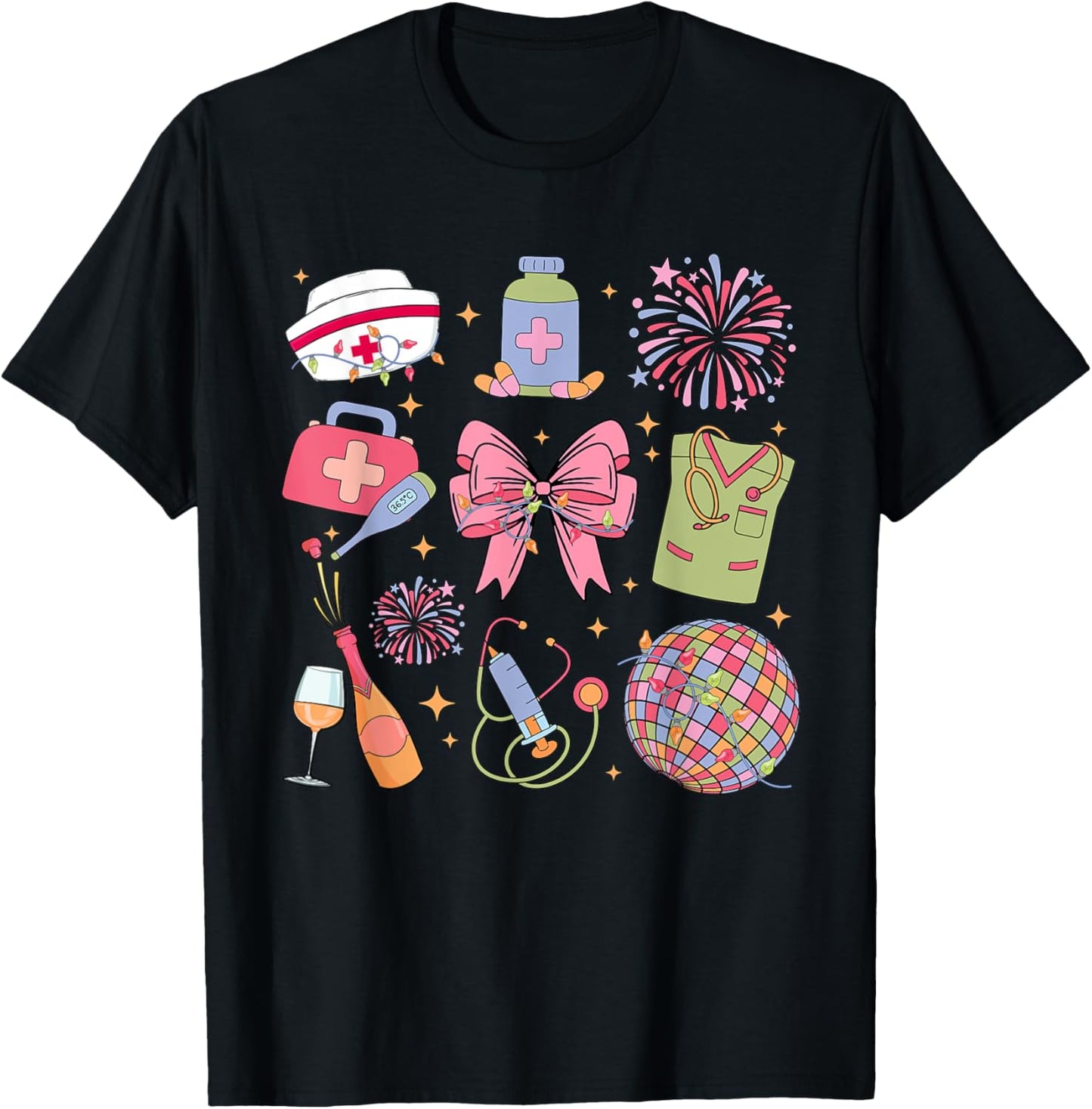 Groovy New year 2025 ER ICU Nurse Coquette Party T-Shirt - T-Shirt | Black