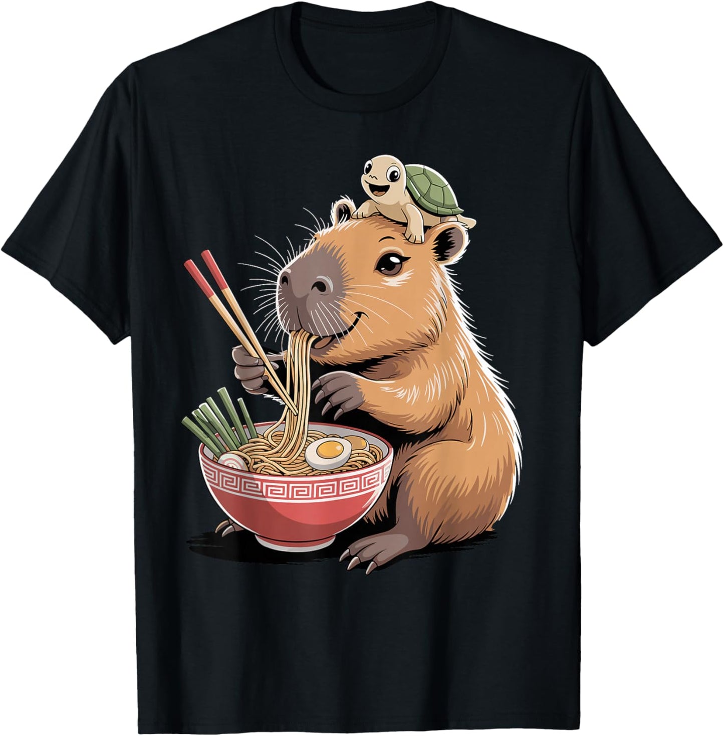 Adorable Capybara Eating Ramen for Kids and Turtles Kawaii T-Shirt - T-Shirt | Black
