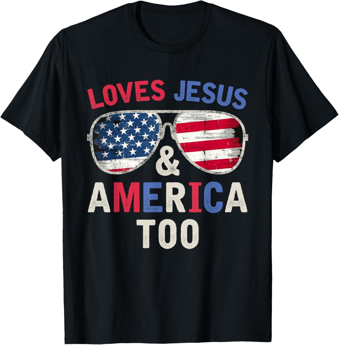 Loves Jesus and America Too Retro God Christian 4th of July T-Shirt - T-Shirt | Black