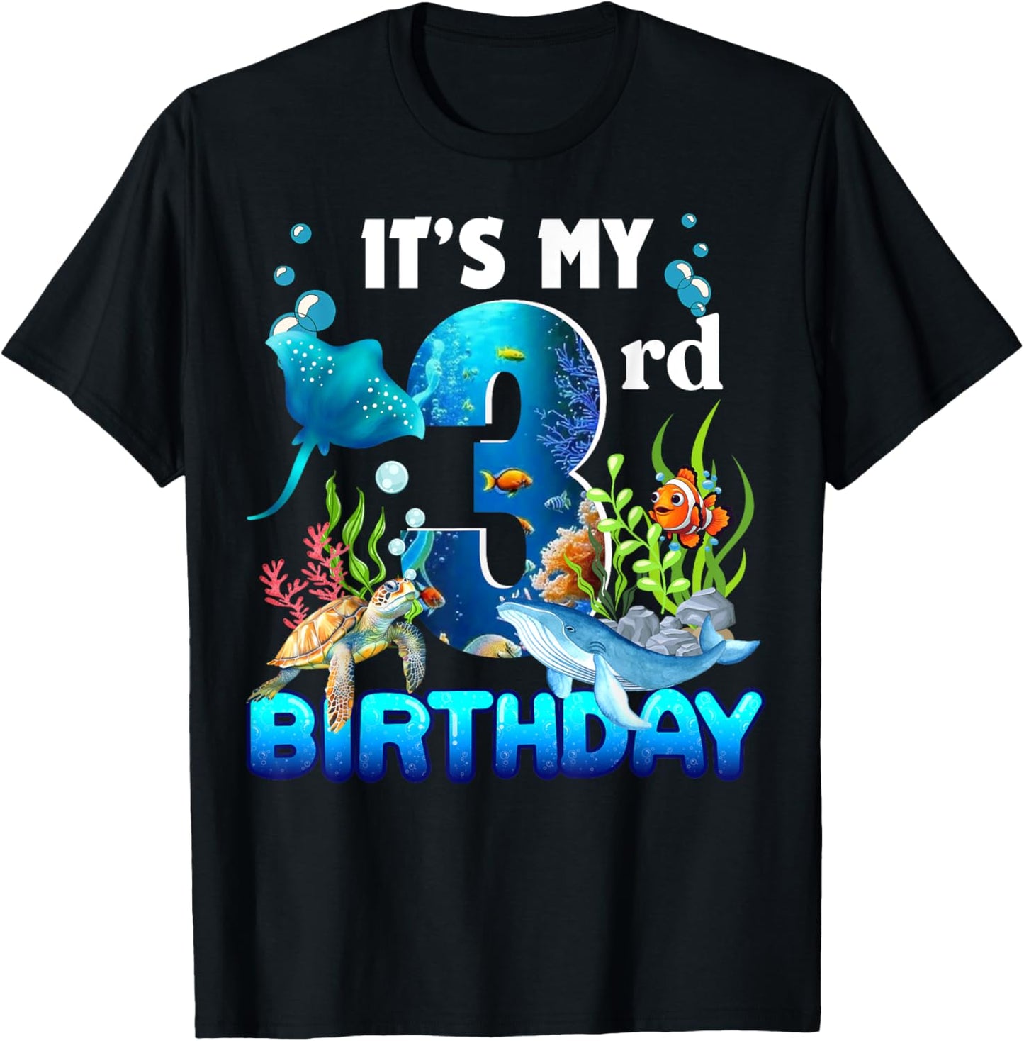 It's My 3rd Birthday Party Ocean 3 Years Old Sea Fish B-Day T-Shirt - T-Shirt | Black