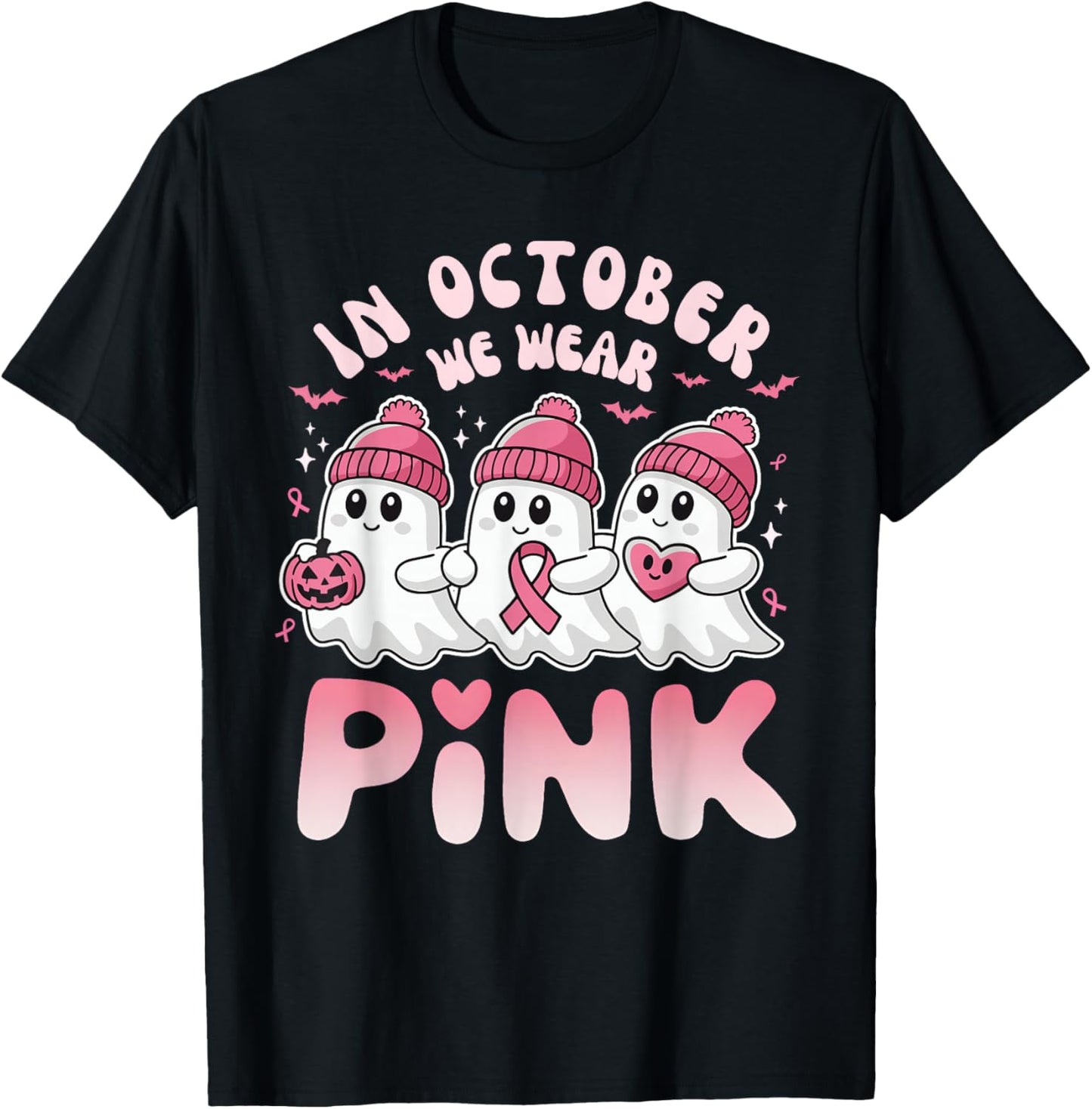 In October We Wear Pink Spooky Ghost Breast Cancer Awareness T-Shirt - T-Shirt | Black