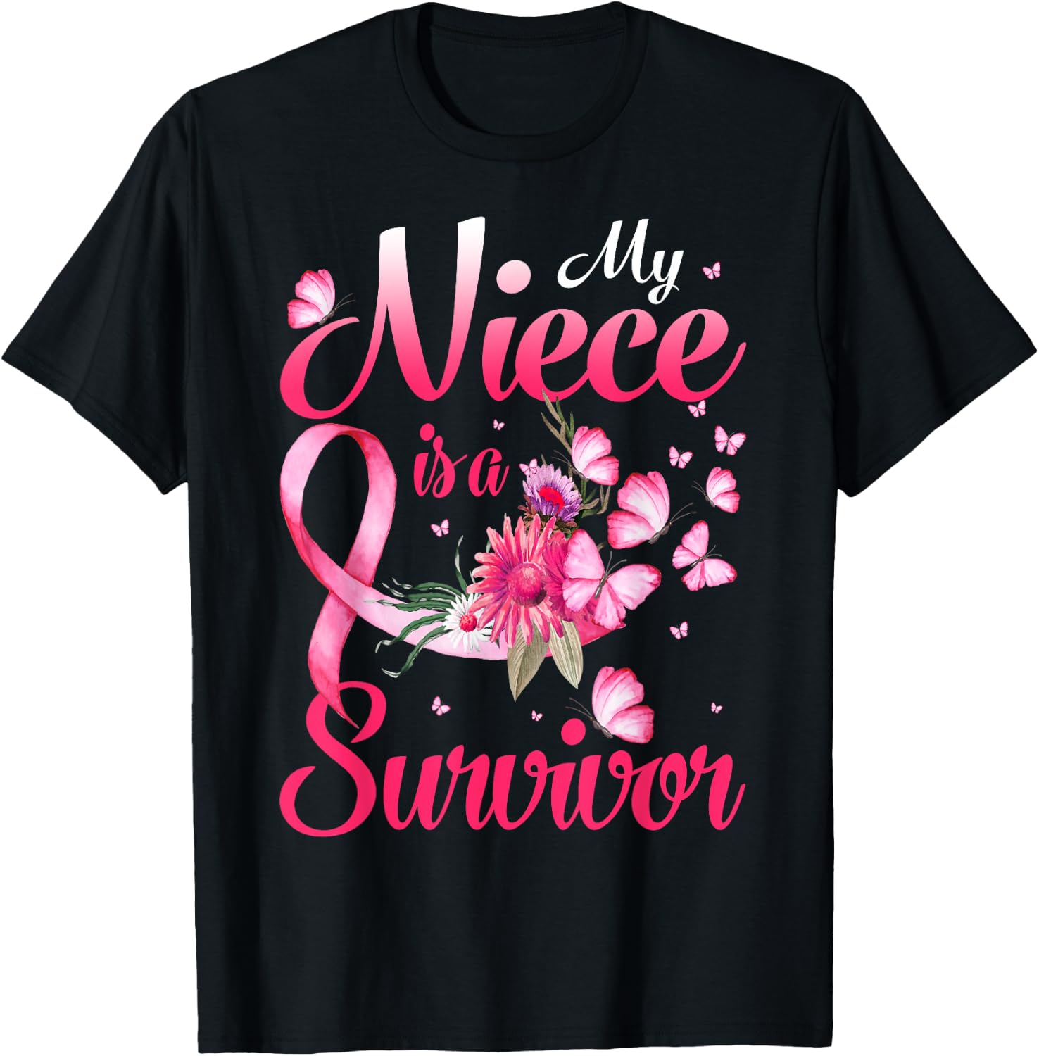 My Niece Is A Survivor Butterfly Breast Cancer Awareness T-Shirt - T-Shirt | Black