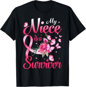 My Niece Is A Survivor Butterfly Breast Cancer Awareness T-Shirt - T-Shirt | Black