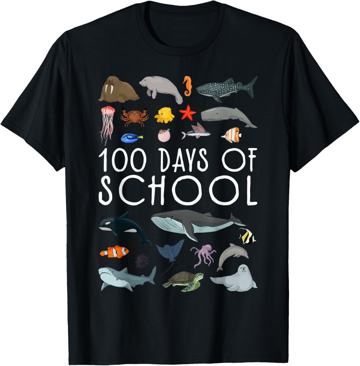 Sea Animals 100 Days of School Cute Sea Animals Boys Girls T-Shirt - T-Shirt | Black
