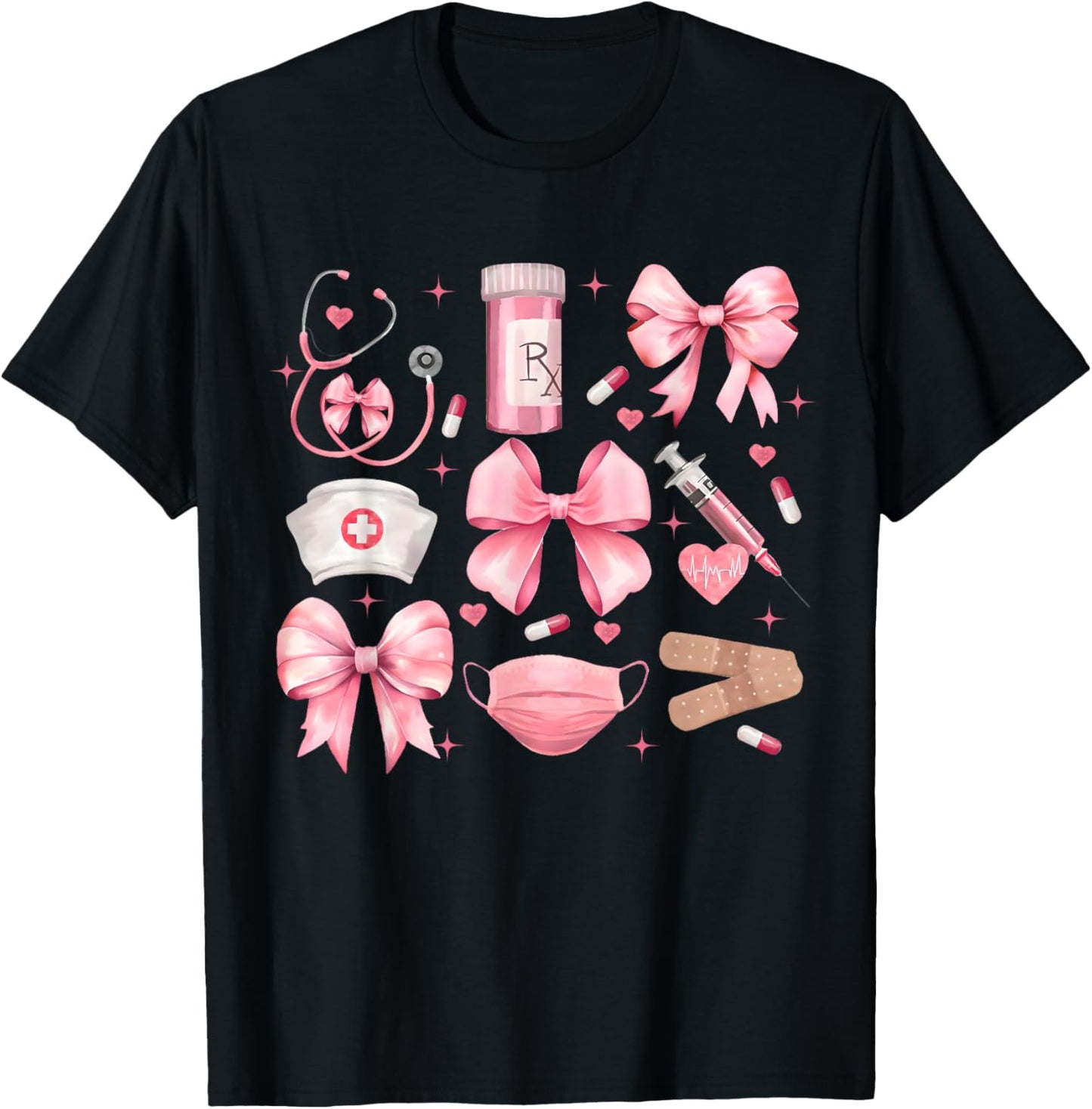 Women Pink Retro Nurse Coquette Pink Bow Girlie Nurse Life T-Shirt - T-Shirt | Black