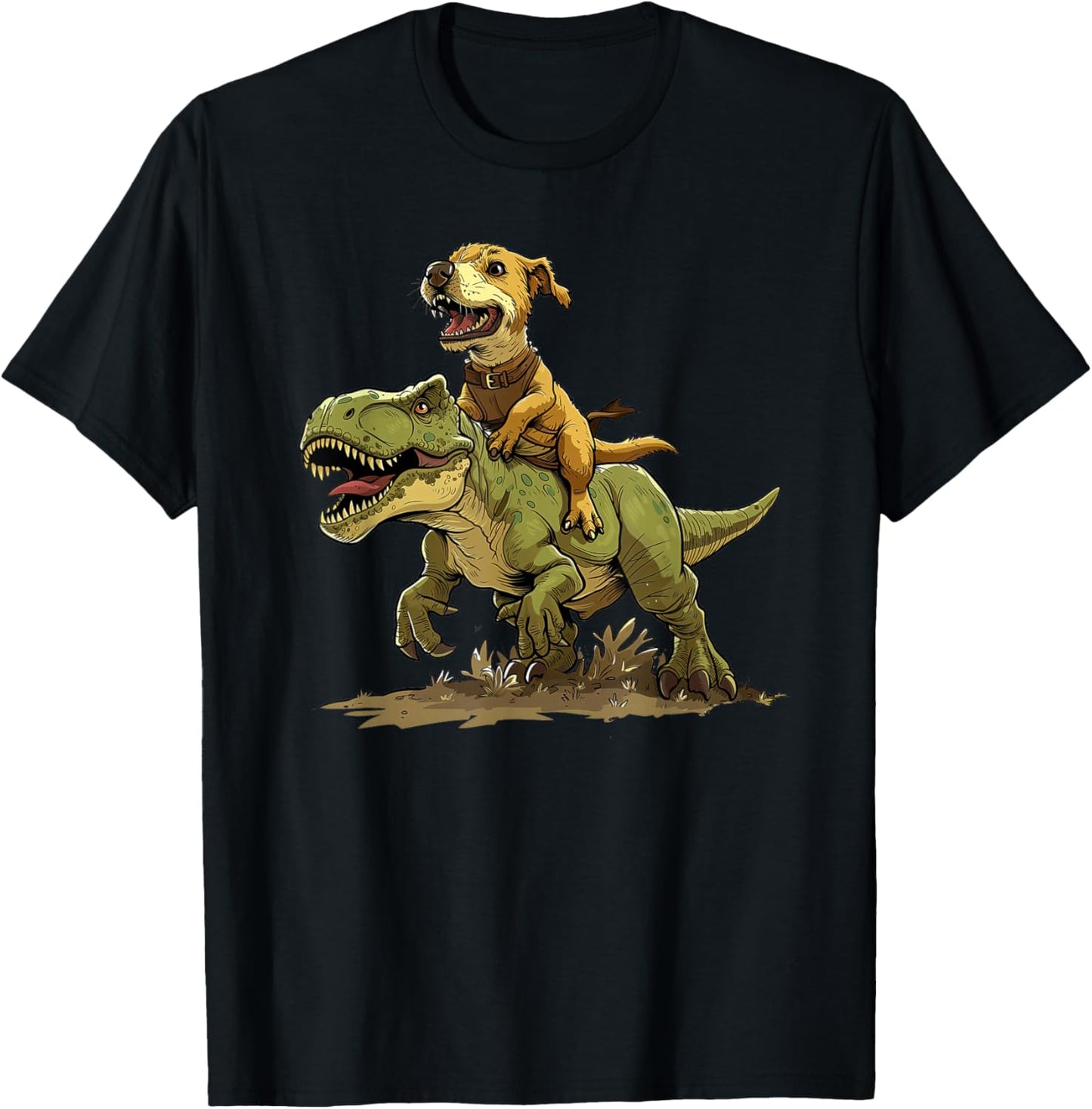 Funny Dog Riding A Dinosaur - Doggosaur - Dinosaur Dog T-Shirt - T-Shirt | Black