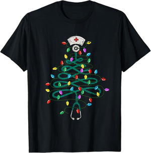 Stethoscope Christmas Tree Lights Nurse Christmas Scrub Top T-Shirt - T-Shirt | Black