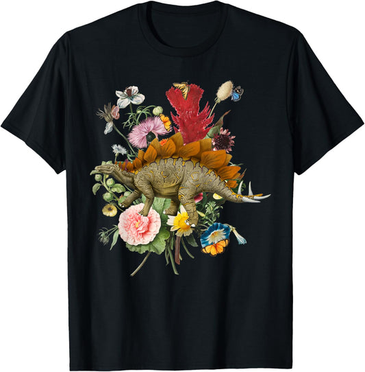 Cute Cottagecore Stegosaurus Dinosaur Flower Botanical Women T-Shirt - T-Shirt | Black