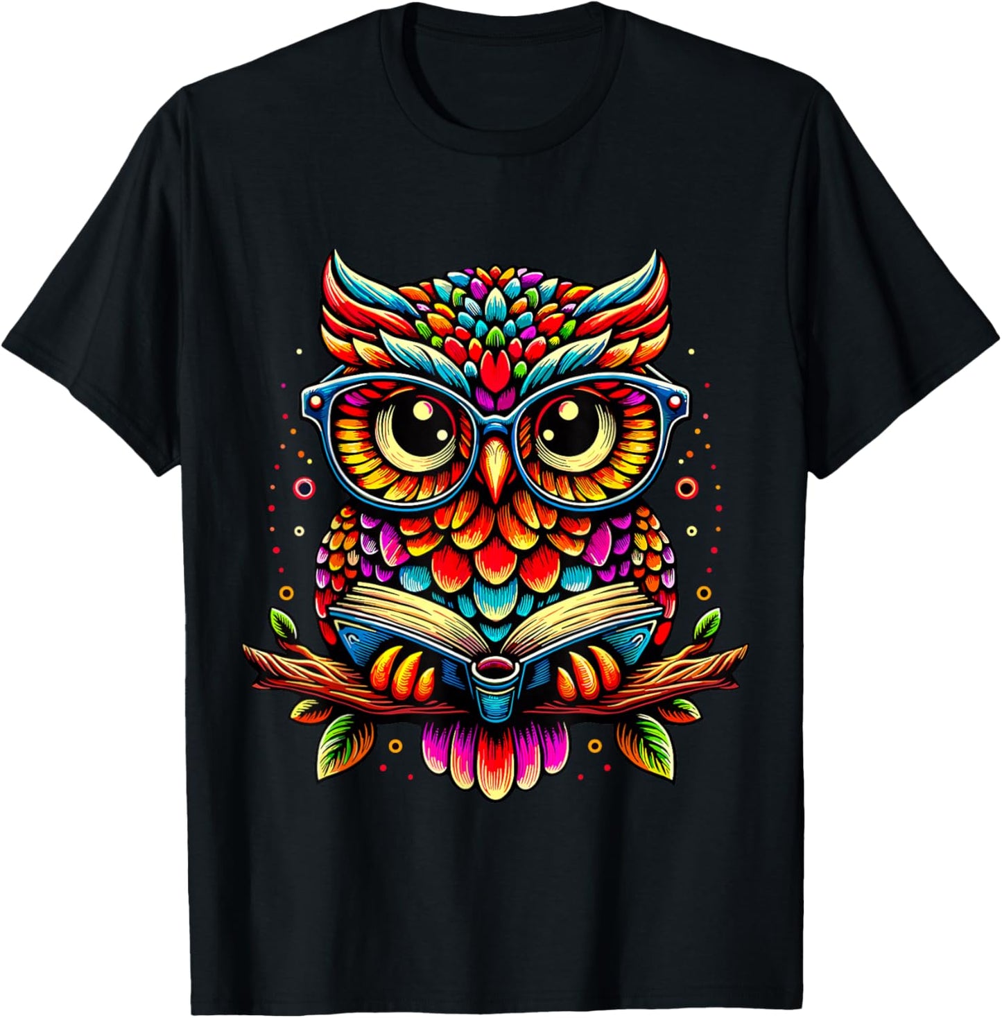 Owl with Glasses and Book Reading T-Shirt - T-Shirt | Black