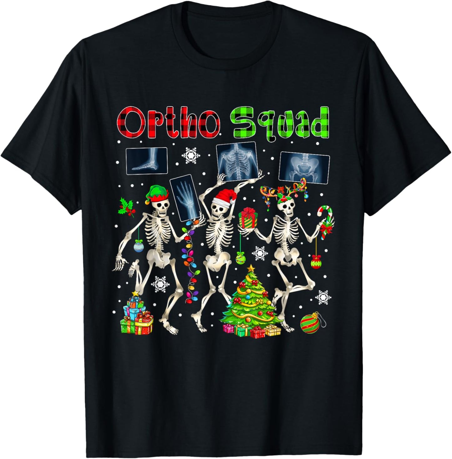Ortho Squad Xmas Three Santa Reindeer Eleven X-ray Skeletons T-Shirt - T-Shirt | Black