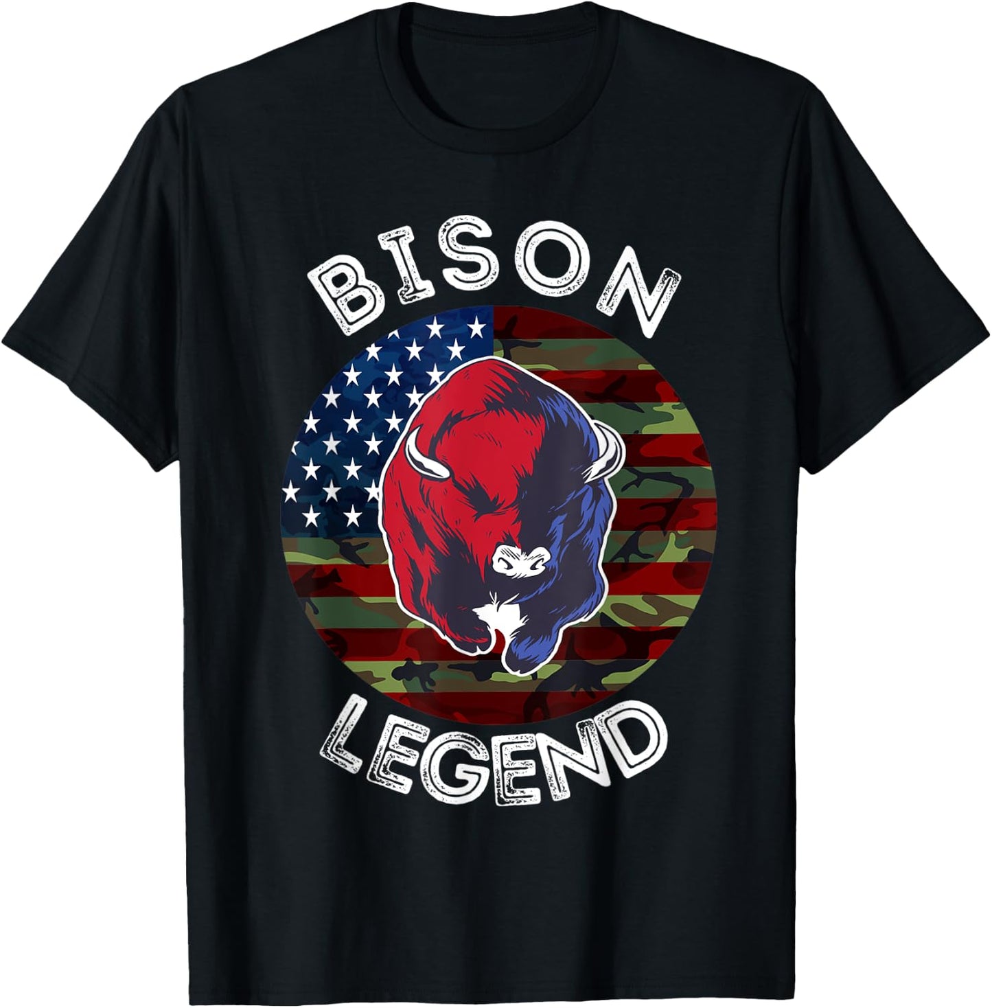Bison Legend American Flag USA Camouflage Buffalo Cattle T-Shirt - T-Shirt | Black