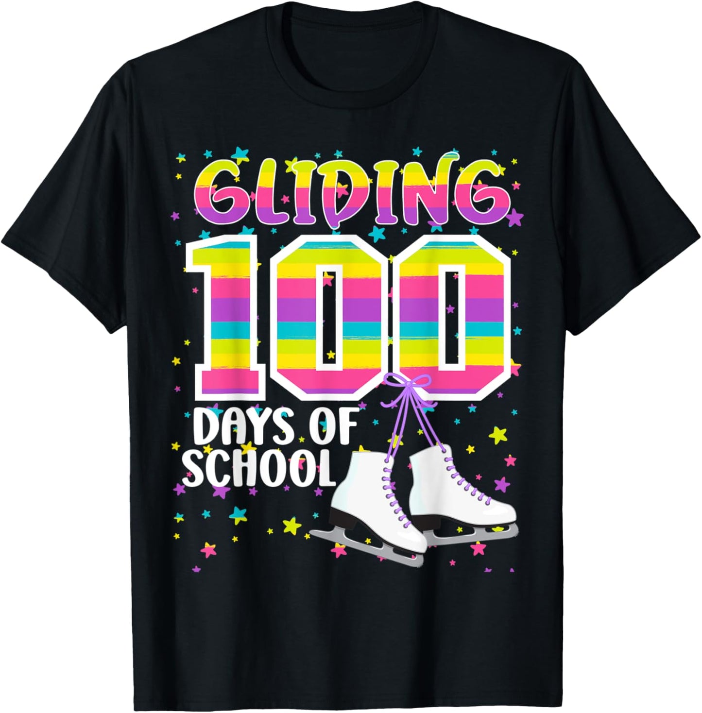 Gliding 100 days of School Kids Teachers Ice Skating 100 Day T-Shirt - T-Shirt | Black