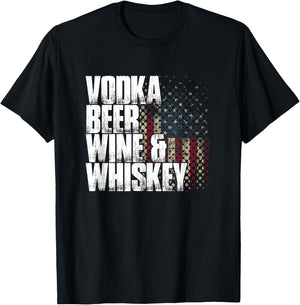 Vodka Beer Wine & Whiskey Shirt | Funny Patriotic US Flag T-Shirt - T-Shirt | Black