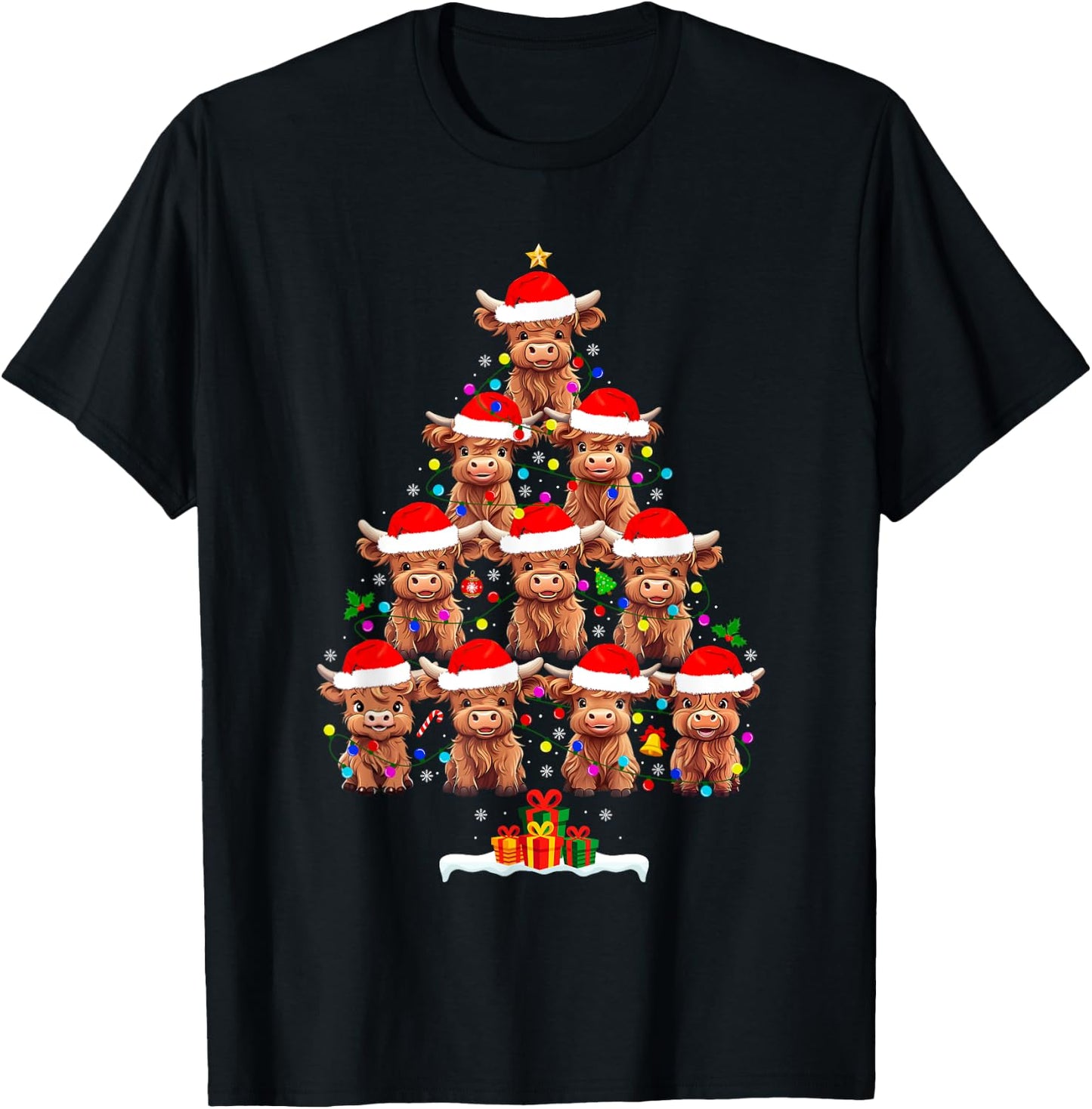 Scottish Highland Cow Christmas Tree Lights Xmas Pajamas T-Shirt - T-Shirt | Black