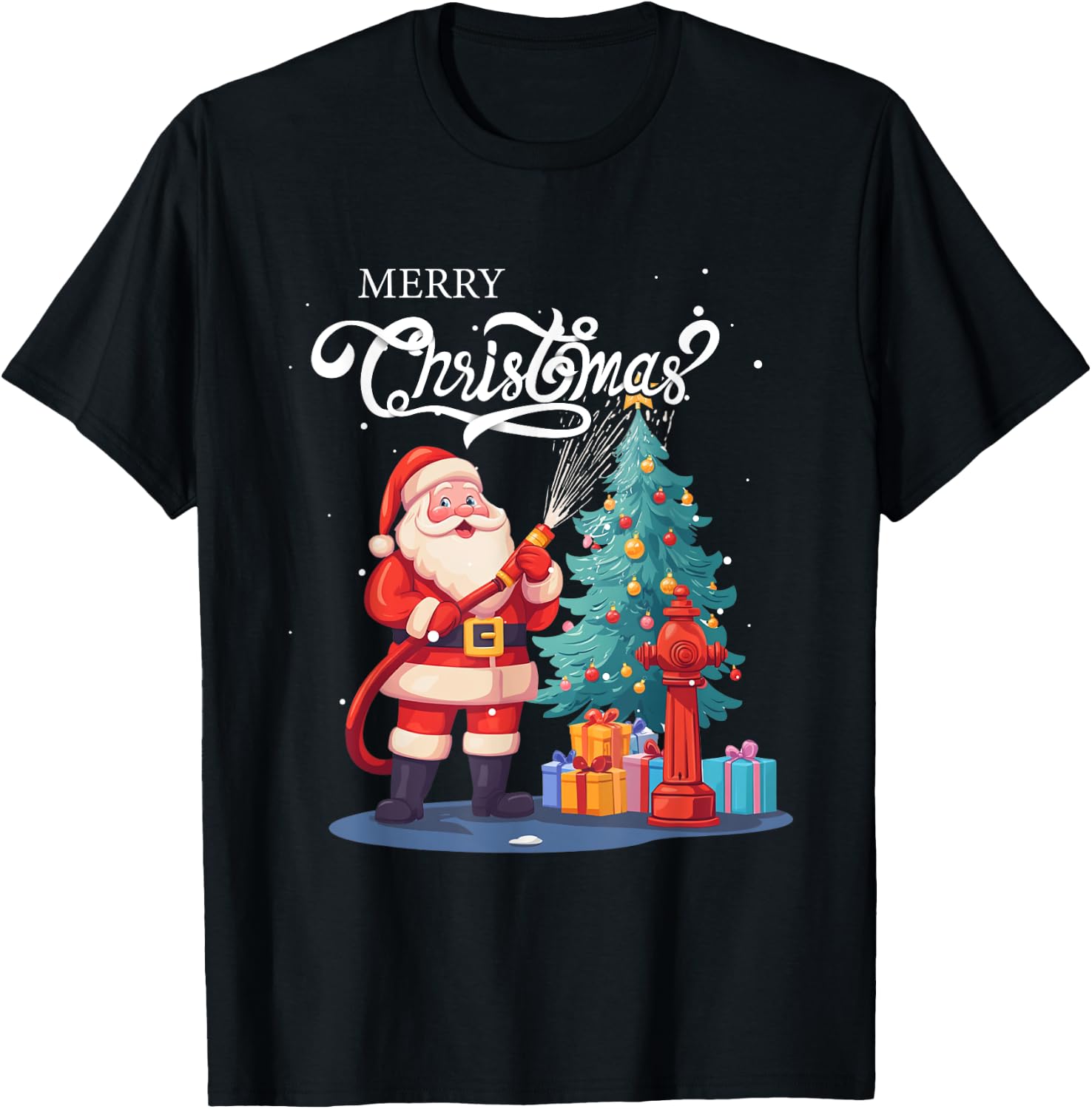 Firetruck Santa Sleigh Fireman Christmas Firefighter Xmas T-Shirt - T-Shirt | Black