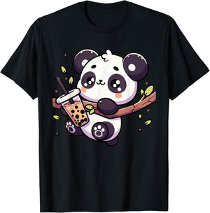 Kawaii Panda Drink Bubble Tea Anime Boba Tapioca T-Shirt - T-Shirt | Black