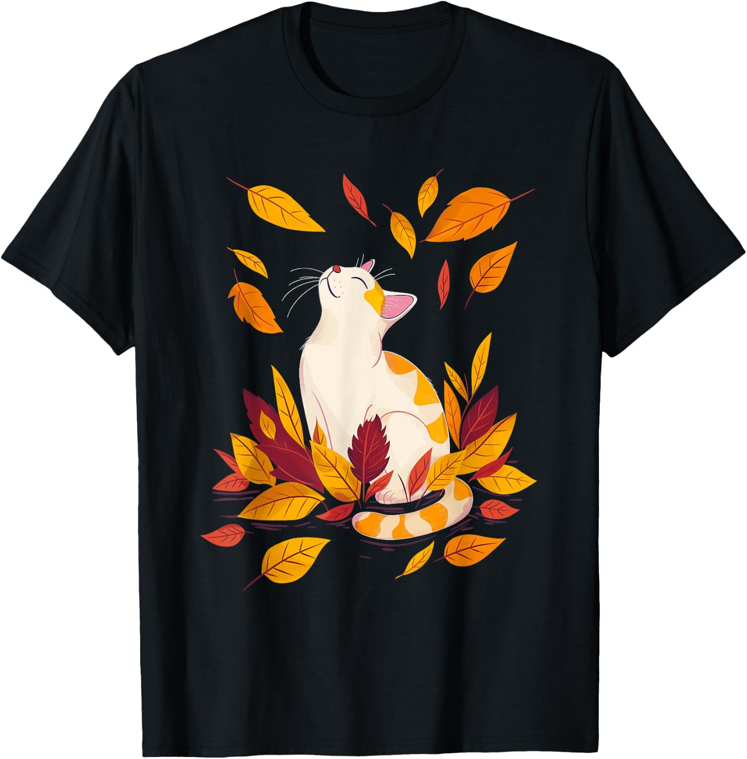 Cat Fall Leaf Tree Hello Autumn Thanksgiving T-Shirt - T-Shirt | Black