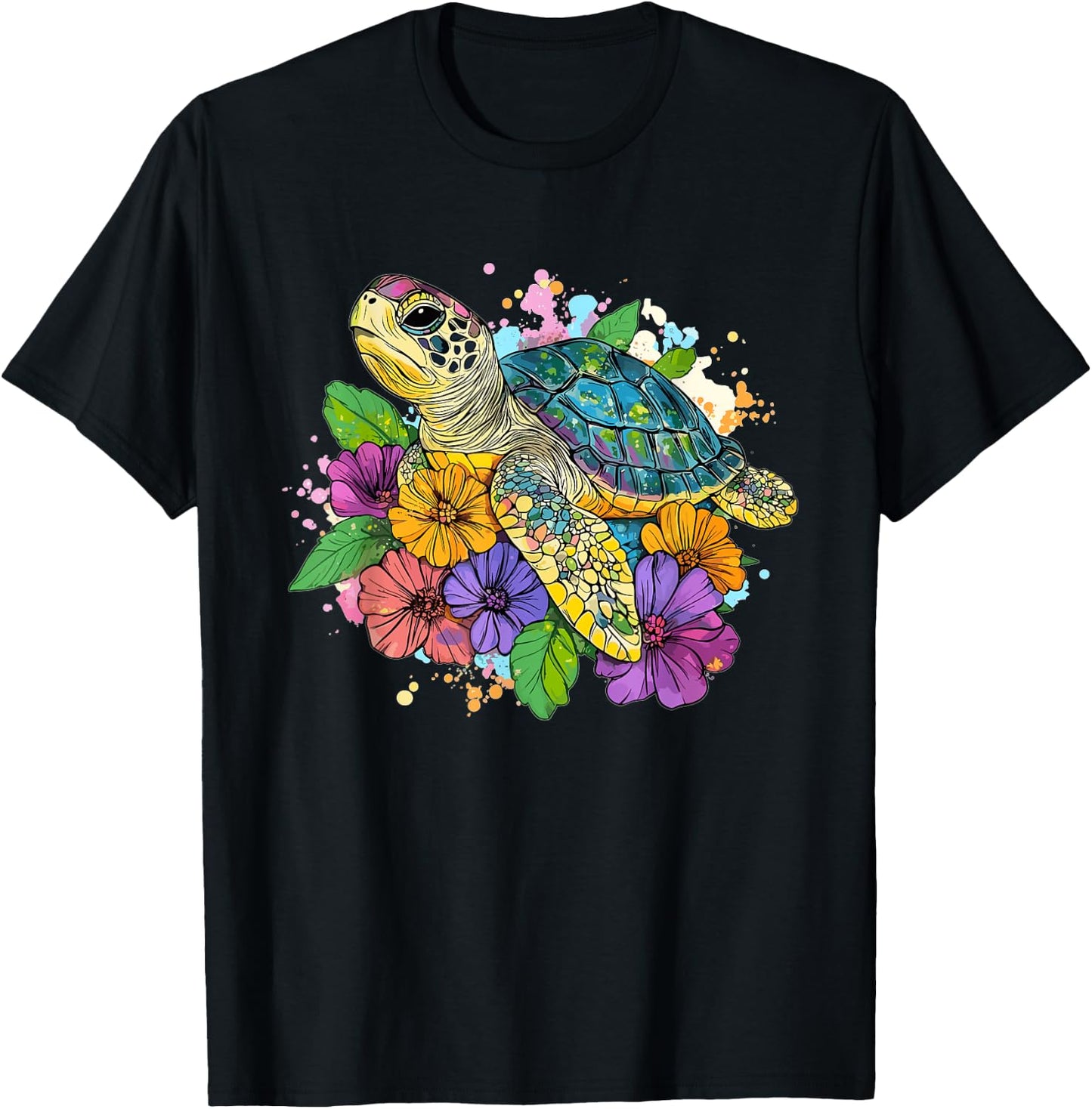 Vibrant Turtle with Flowers Splash T-Shirt - T-Shirt | Black