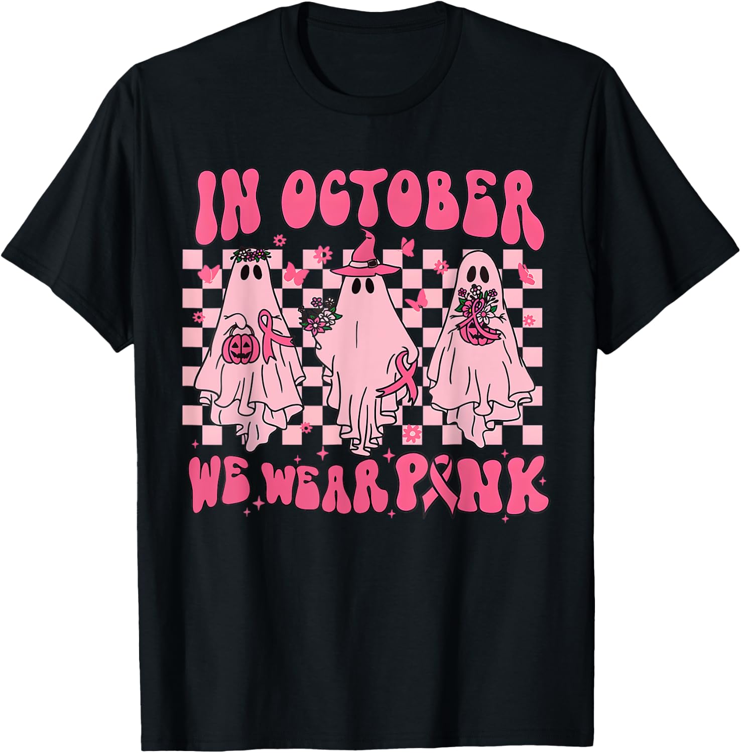 In October We Wear Pink Ghost Groovy Breast Cancer Halloween T-Shirt - T-Shirt | Black