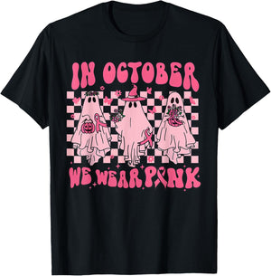 In October We Wear Pink Ghost Groovy Breast Cancer Halloween T-Shirt - T-Shirt | Black