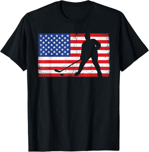 Red White Blue USA Flag Ice Hockey Player 4th of July T-Shirt - T-Shirt | Black