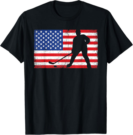 Red White Blue USA Flag Ice Hockey Player 4th of July T-Shirt - T-Shirt | Black