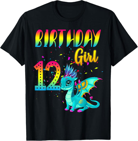 Birthday Girl Dragon 12 Theme Party Outfit T-Shirt - T-Shirt | Black