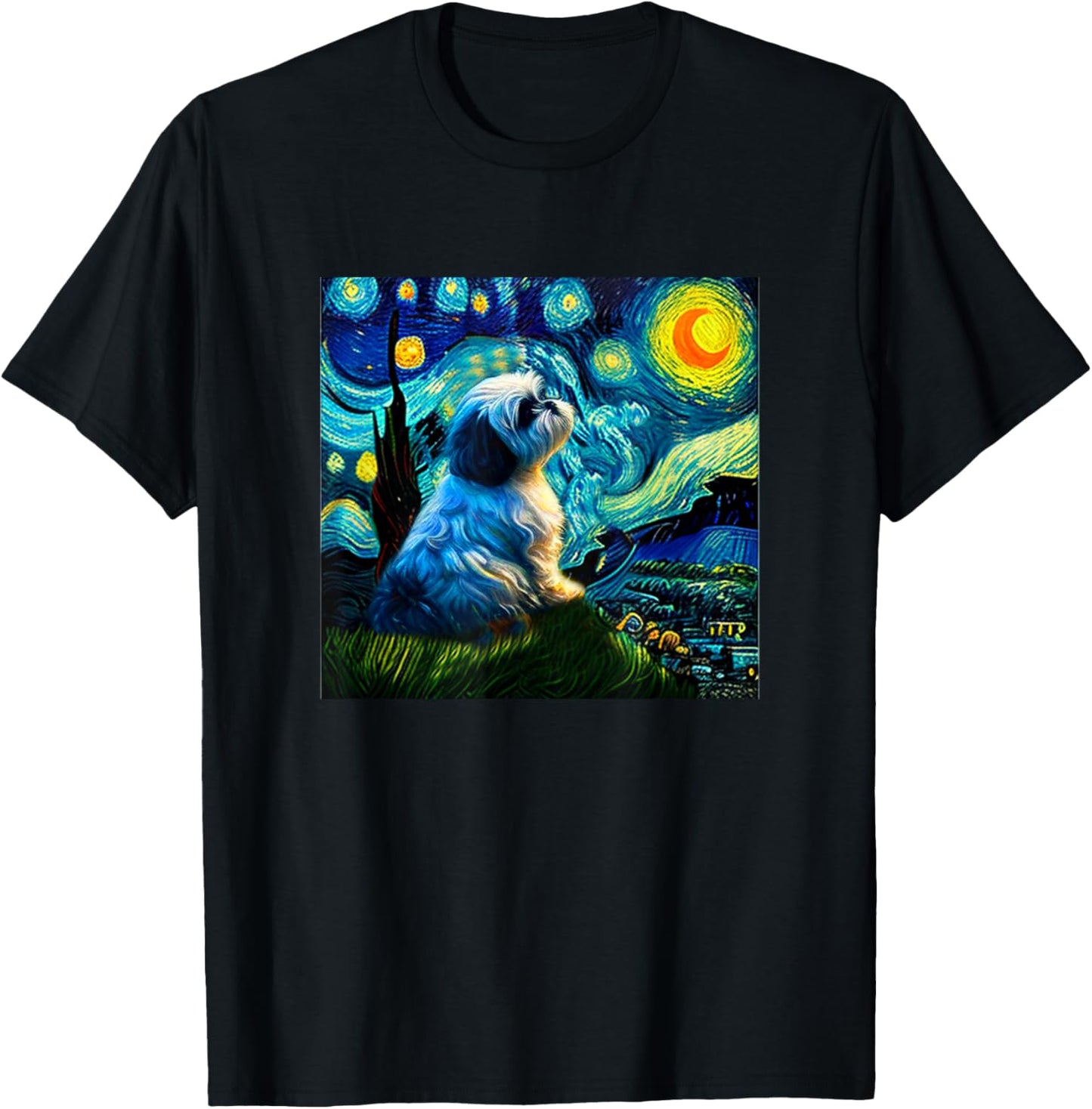 Shih Tzu Funny , Dog, Van Gogh, Starry Night, Cute, Men's, Kids, Funny, Clothes, Goods, Gift T-Shirt - T-Shirt | Black