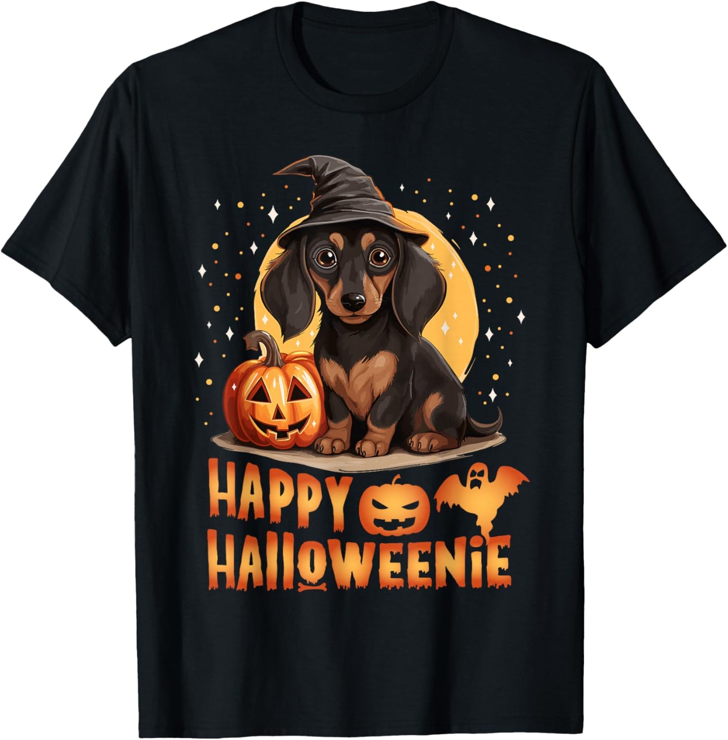 Happy Halloweenie Funny Dachshund Halloween 2024 Wiener Dog T-Shirt - T-Shirt | Black