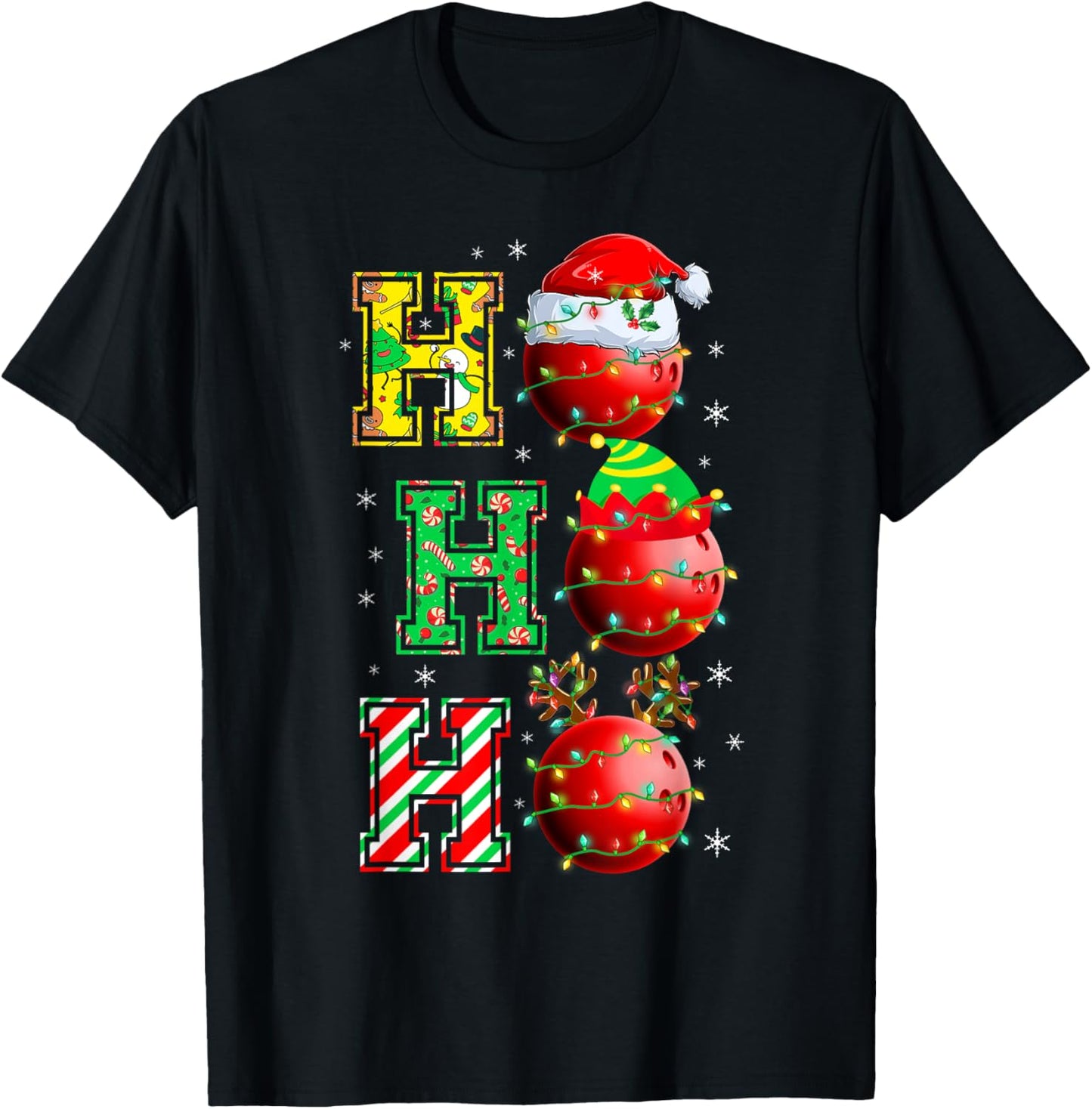 HOHOHO Santa Elf Reindeer Bowling Balls & Christmas Lights T-Shirt - T-Shirt | Black