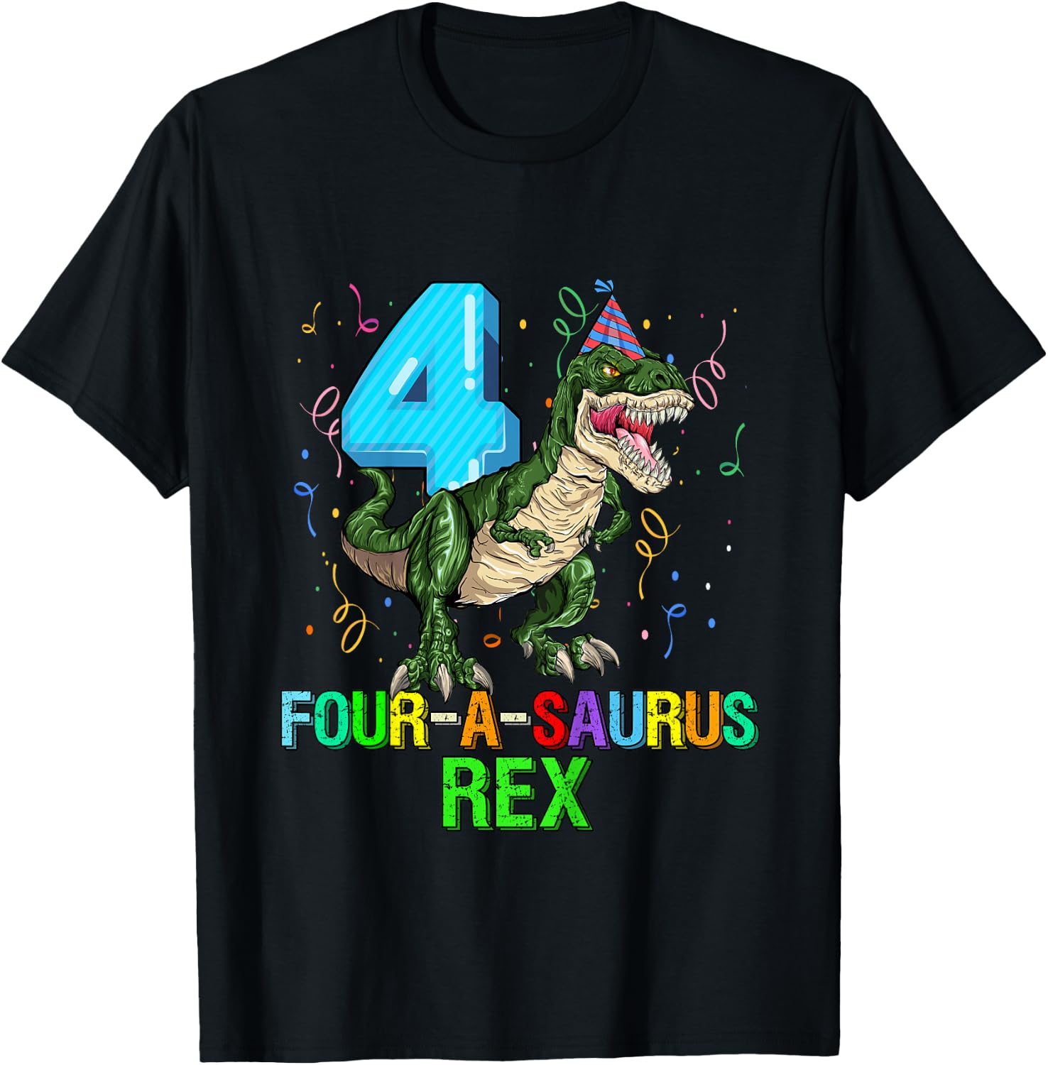 Kids 4 Year Old Boy 4th Birthday Dinosaur Gift Fourasaurus T-Shirt - T-Shirt | Black